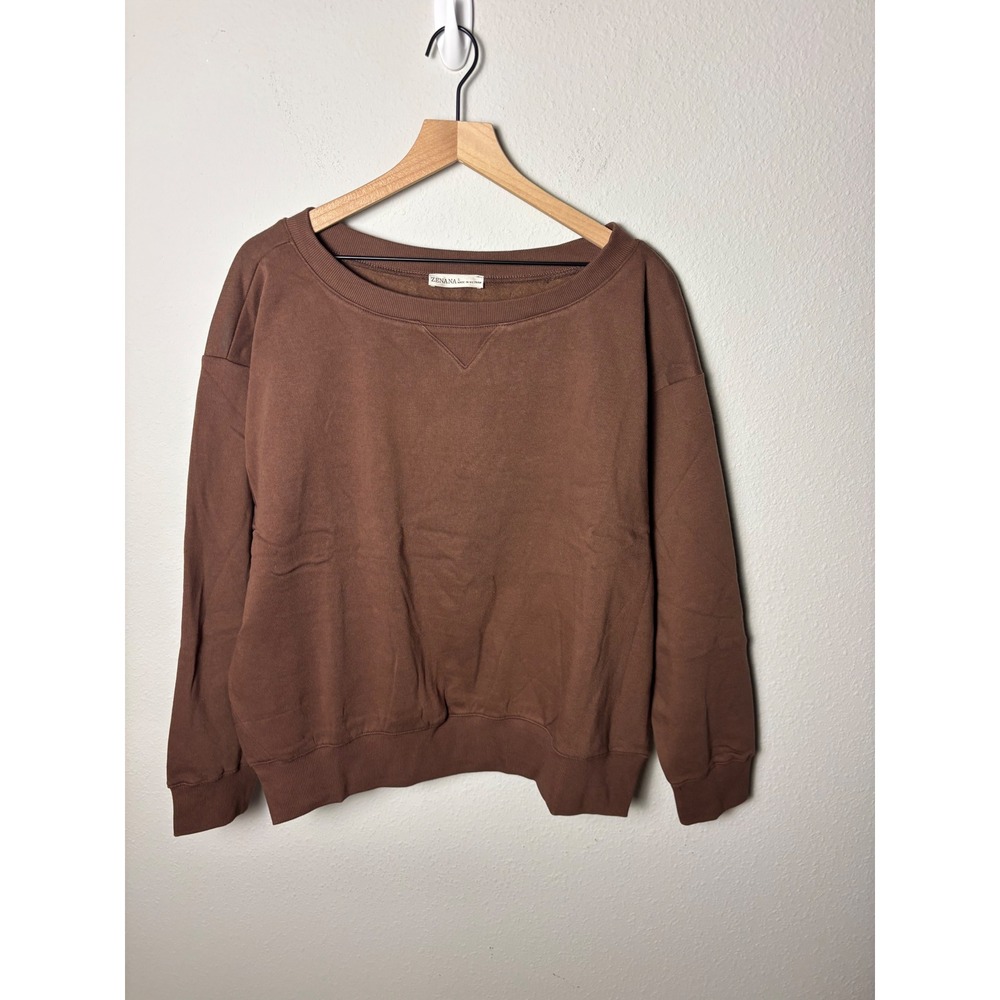 🩵Zenana Outfitters Womens Brown Oversized Fleece Pullover Sweatshirt Large